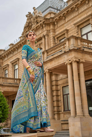 Keppel Blue & White Superior V.P.Silk Woven Printed Patola Silk Saree - Rewaa Milano - Distacart