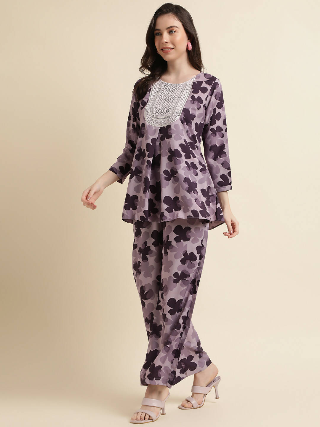 Purple Poly Crepe Digital Printed Top with Matching Bottom - Preeti - Distacart