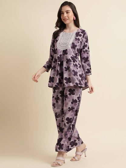 Purple Poly Crepe Digital Printed Top with Matching Bottom - Preeti - Distacart