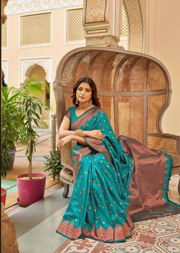 DEIANA'S Beautiful Golden Jari with New Design Soft Lichi Silk Saree - Sky - Distacart