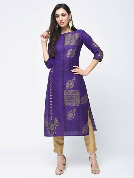Aniyah Cotton Foil Printed Purple Straight Kurta (AN-134K)