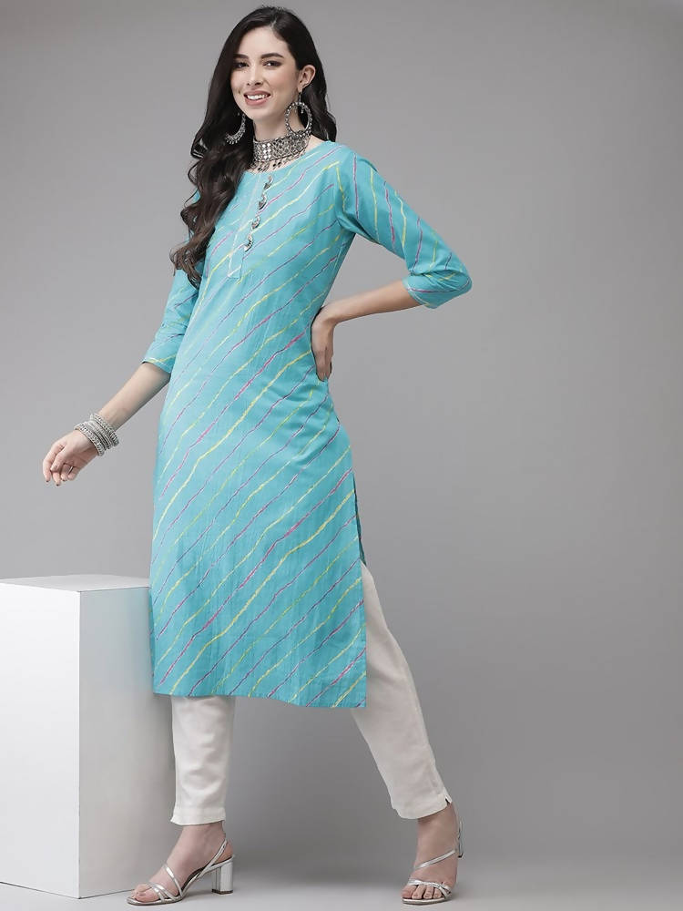 Yufta Women Turquoise Blue & Multicoloured Leheriya Printed Gotta Patti Kurta