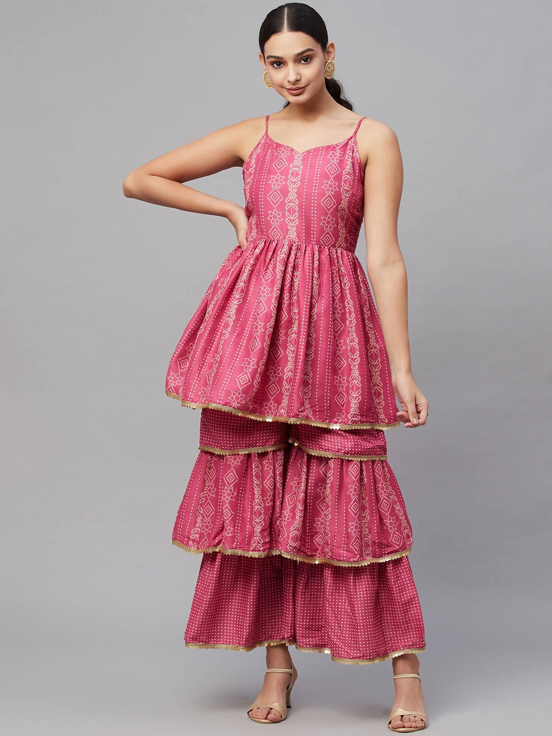 Myshka Pink Printed Sleeveless V Kurti Sharara Set - Distacart