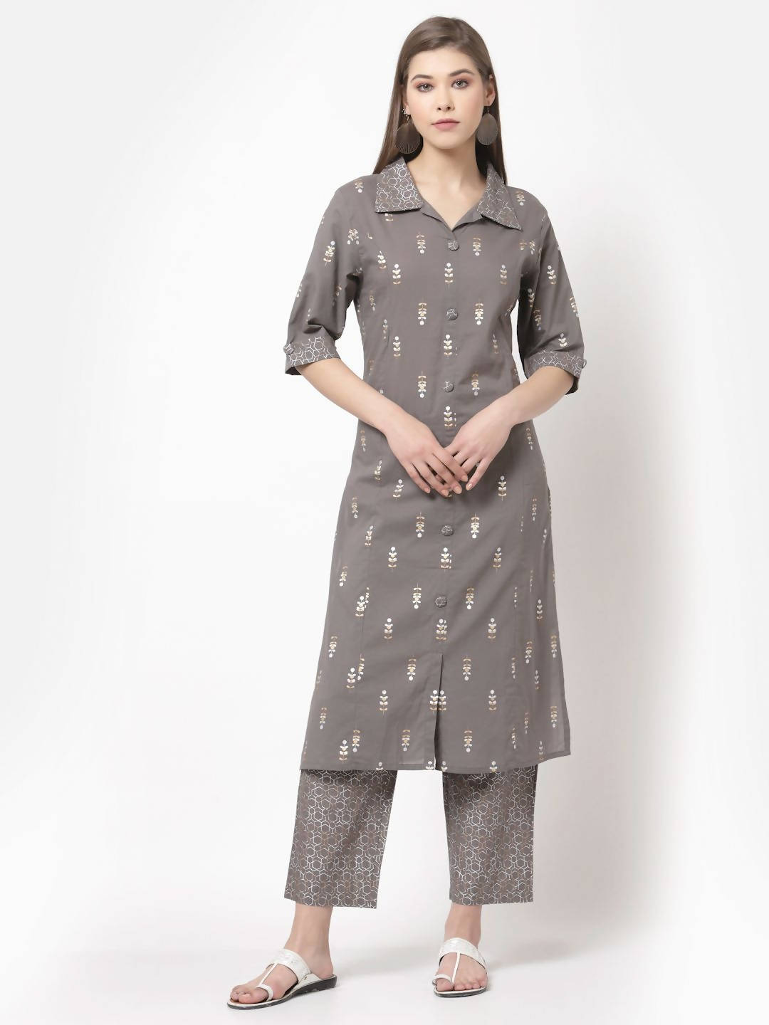 Myshka Women's Grey Cotton Printed Half Sleeve Casual Kurta & Palazzo Set