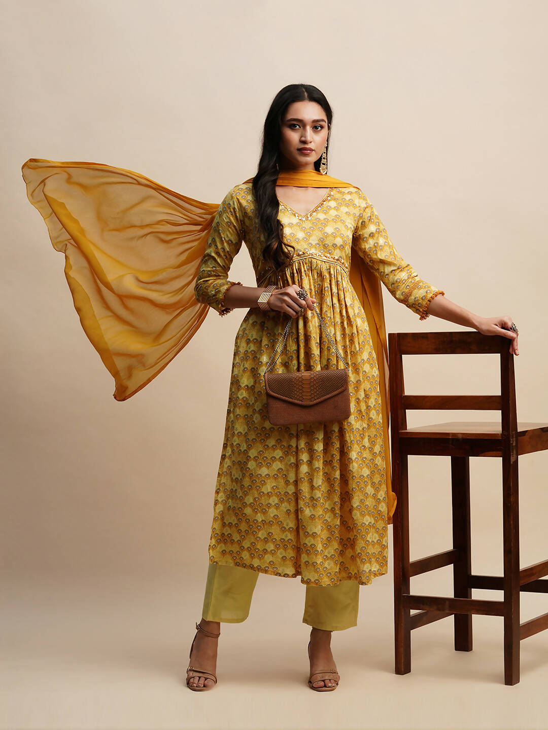 Mustard Pure Cotton Floral Printed Naira Cut Kurta And Bottom With Dupatta - Akashara - Distacart