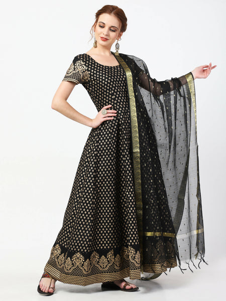Cheera Women's Black Cotton Hand Block Print Long Dress With Silk Dupatta Set - Distacart