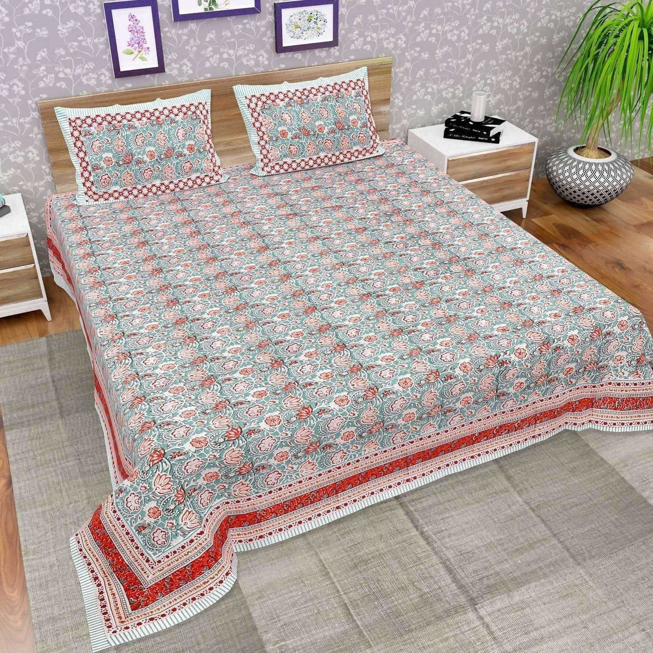 Hand Printed Jaipuri Double/Queen 230x270 Cms Bedsheet with 2 Pillow Covers - Distacart