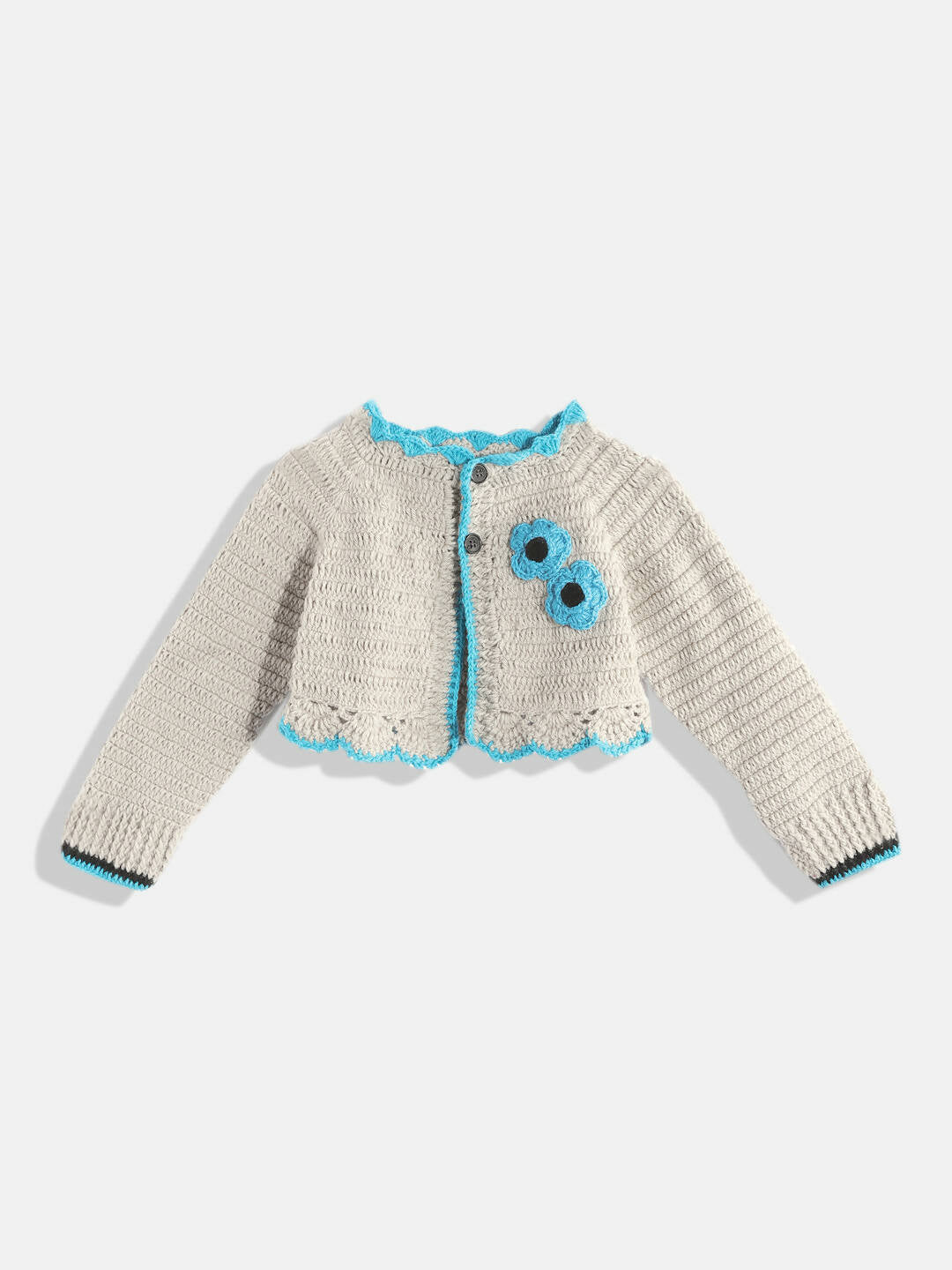 Chutput Kids Woollen Hand Knitted Full Sleeves Cardigan With Short Sleeves Flower Work Dress - Grey - Distacart