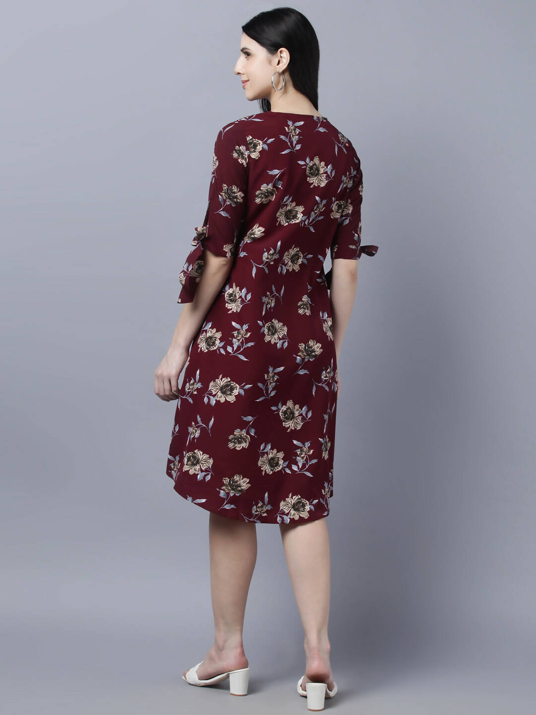Myshka Women Burgundy Beige Floral Print A-line Dress - Distacart