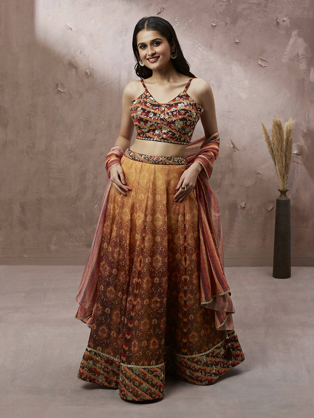House of Panchhi Brown Organza Floral Print and sequinse work Lehenga choli & Dupatta - Distacart