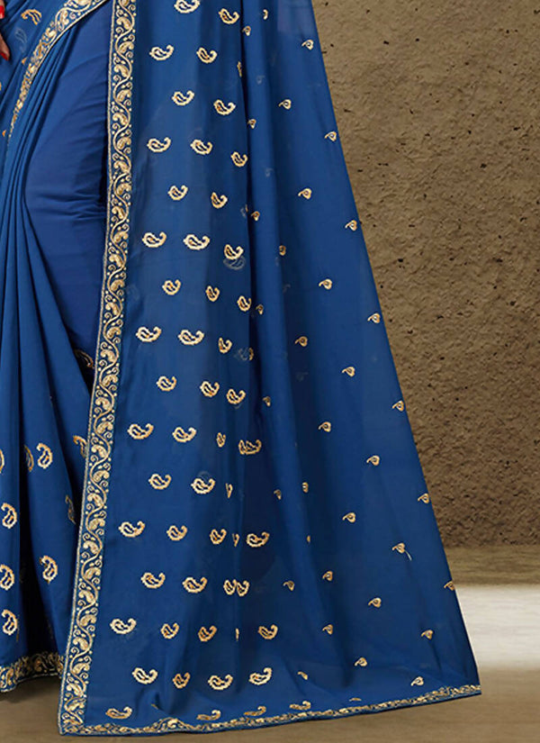 Blue Georgette Embroidered Saree with Unstitched Blouse Piece - Avika - Distacart