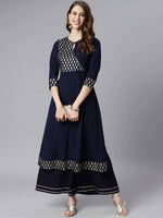 Thumbnail for Janasya Navy Blue & Gold-Toned Printed Yoke Design Keyhole Neck Crepe Anarkali Kurta - Distacart