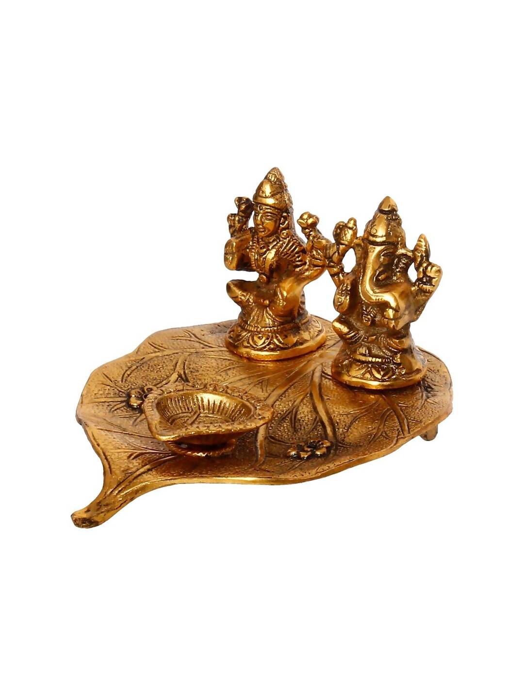 eCraftIndia Antique Gold-Toned Metal Handcrafted Laxmi Ganesh With Diya On Leaf - Distacart