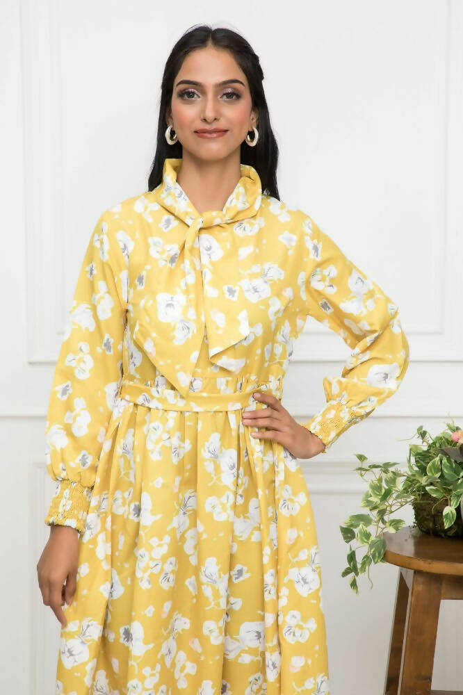 Myshka Women Yellow-Floral Rayon A-Line Shirt Collar Dress - Distacart