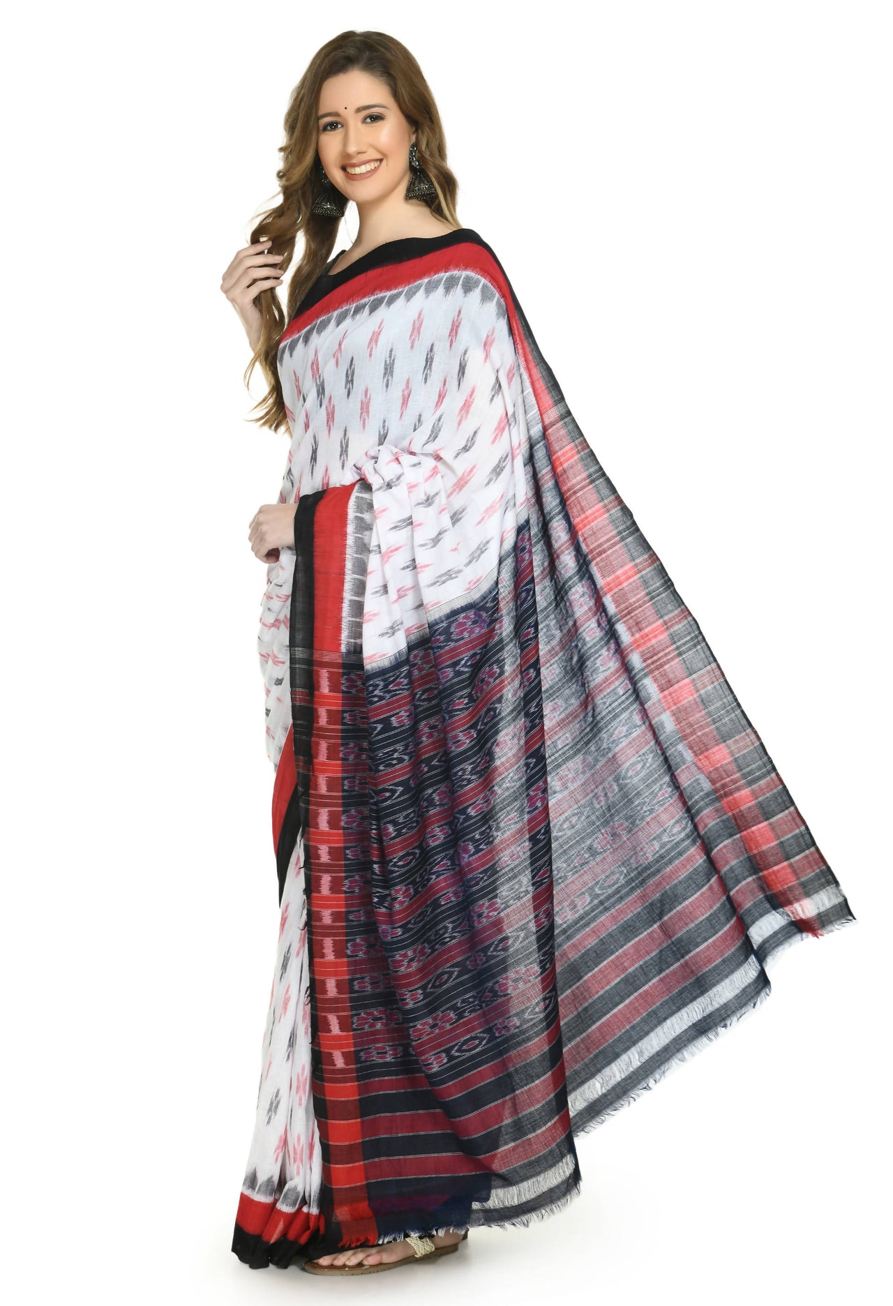 Vamika Sambalpuri Ikat Cotton Dehabandha White, Red & Black Saree - Distacart