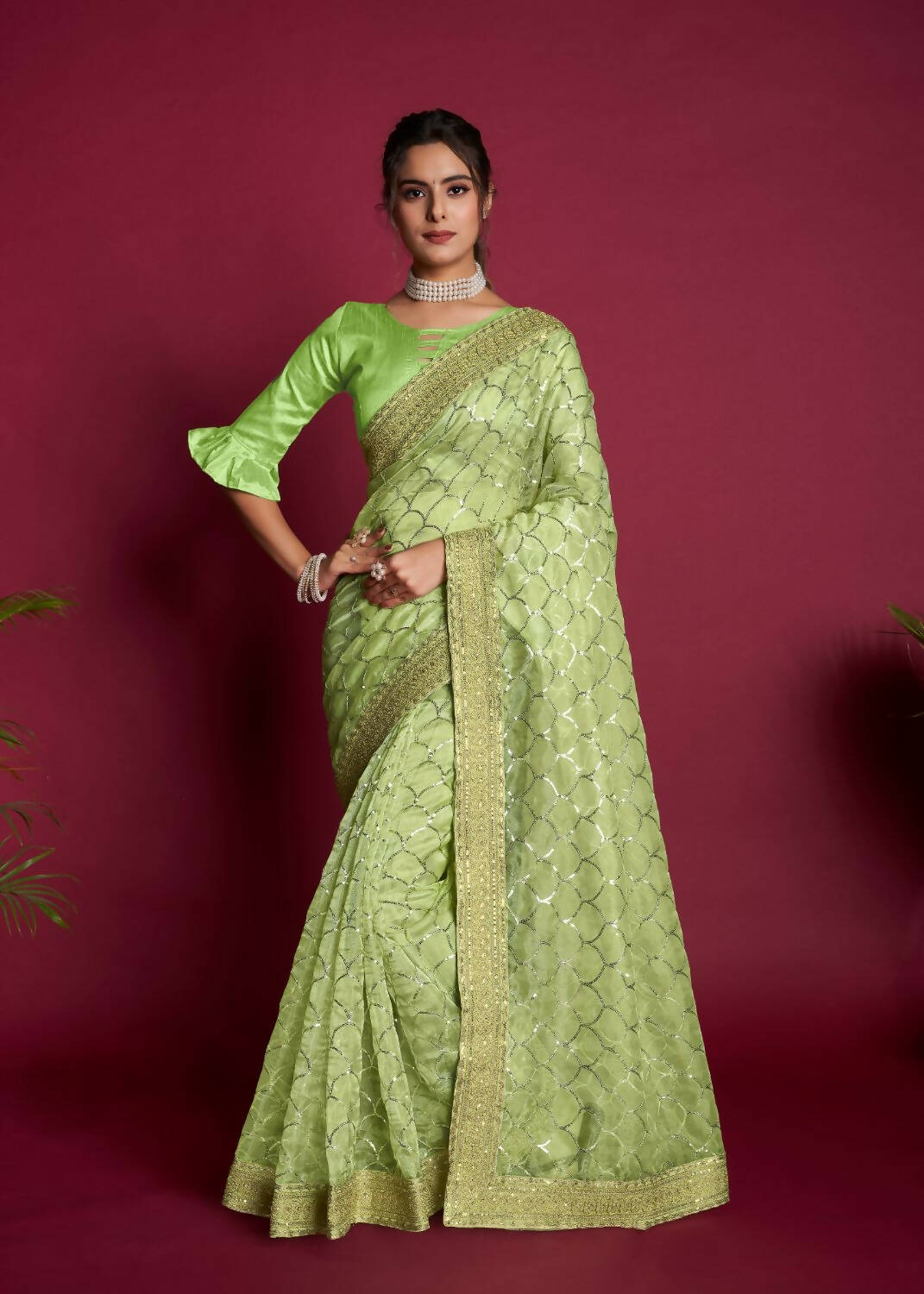 Vamsee Green Organza Saree - Distacart