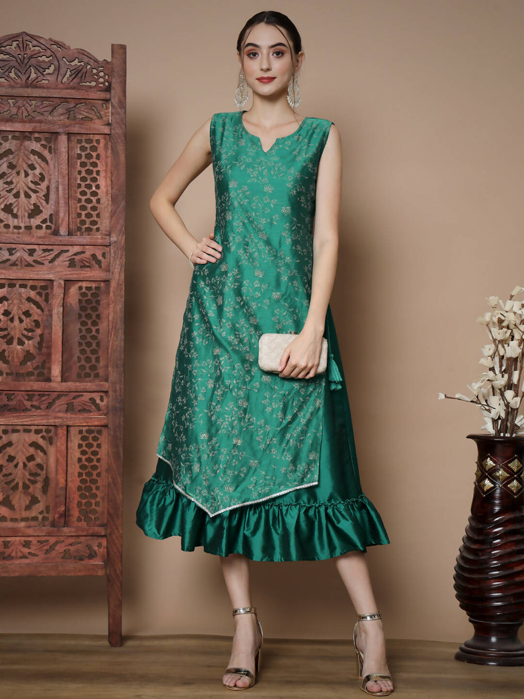 Myshka Women's Teal Floral Printed Gown Dress - Distacart