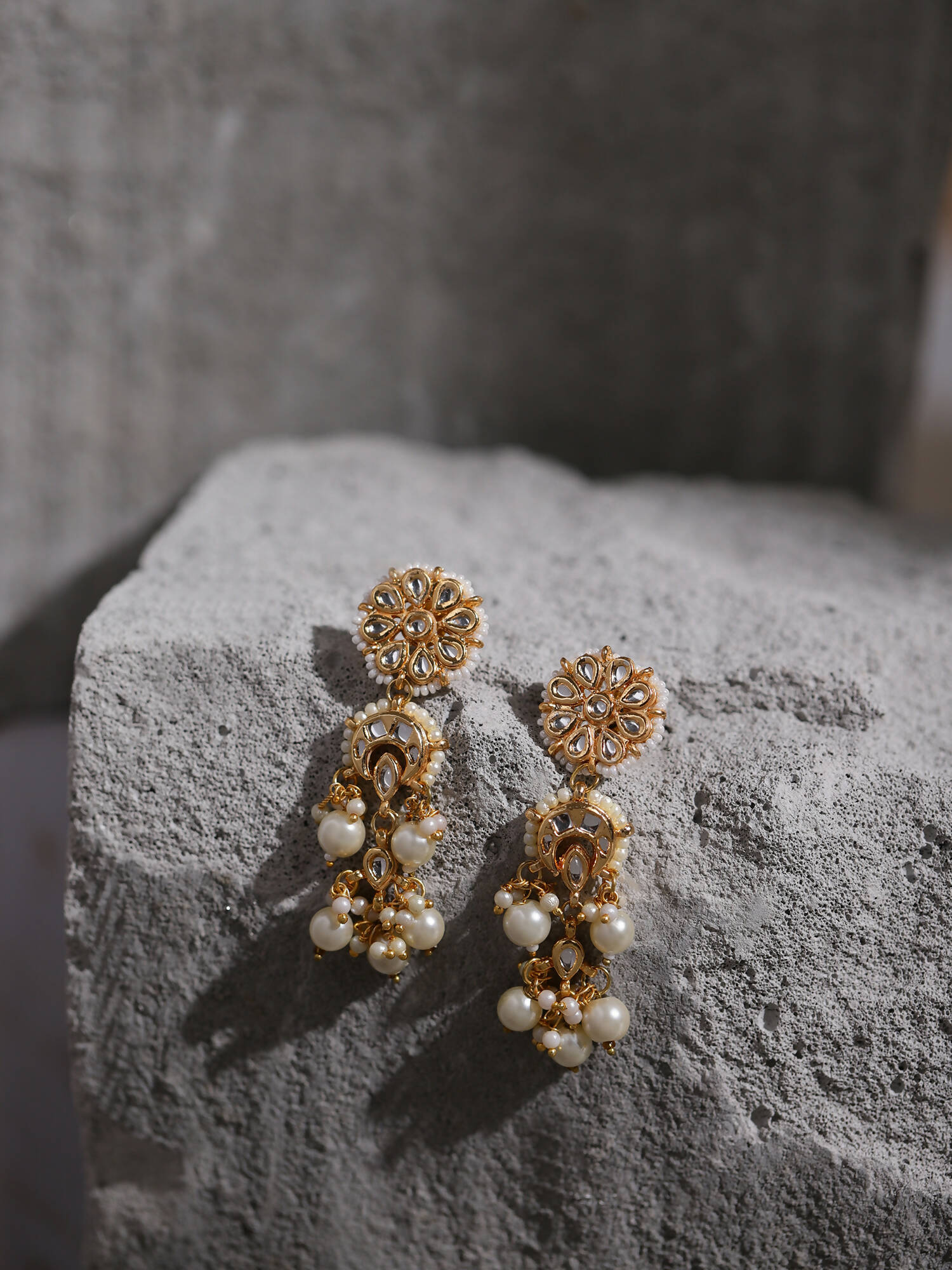 Gold-Toned White Pearl Beaded Contemporary Gold-Plated Jhumkas Earrings - Ruby Raang - Distacart