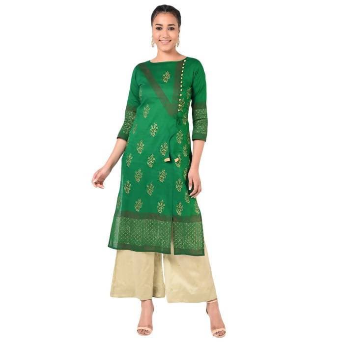 Aniyah Cotton Gold Print Straight Kurta In Green Color (AN-169K)