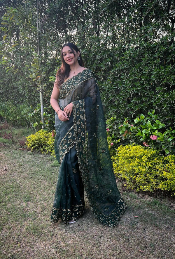 Vamsee Green Organza Saree - Distacart