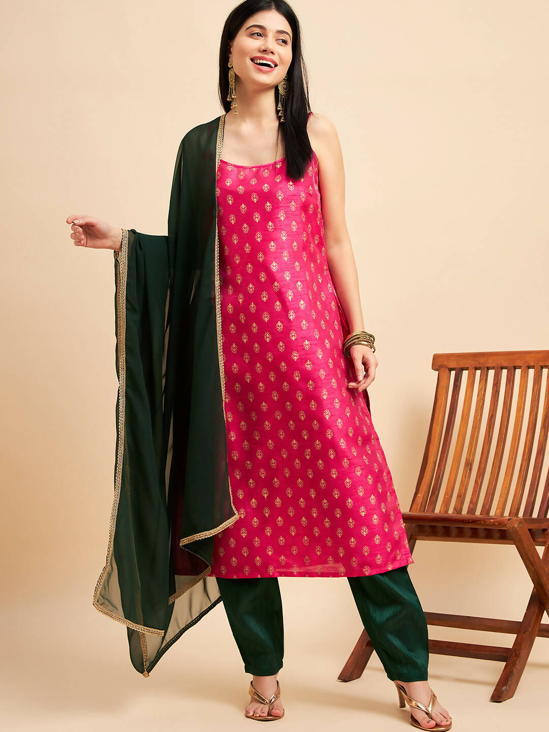 Magenta Pink and Green Polyester Printed Kurta with Trousers & Dupatta - Vishwa - Distacart