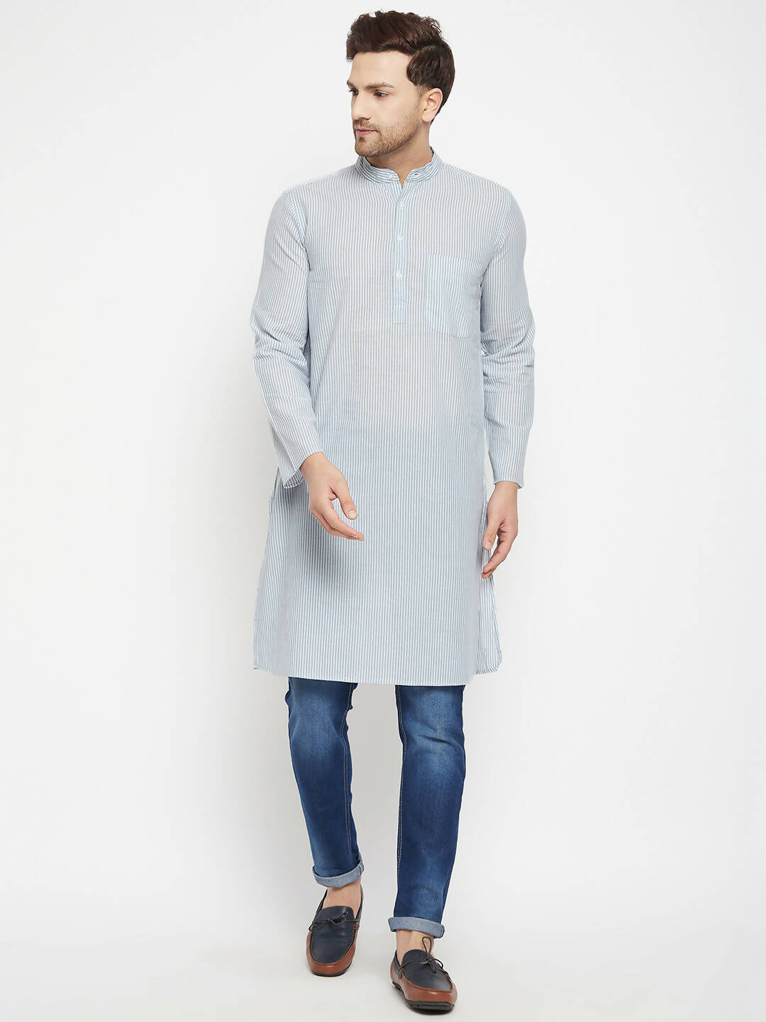 Even Apparels Grey Pure Cotton Men's Long Kurta With Band Collar - Distacart