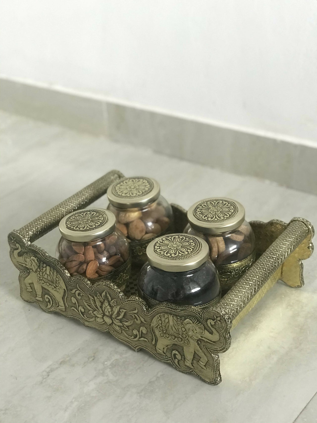 SK Mithaii | Assorted 4 Designed Jar Dry Fruit Tray | Almonds | Apricots | Figs | Black Resins - Distacart