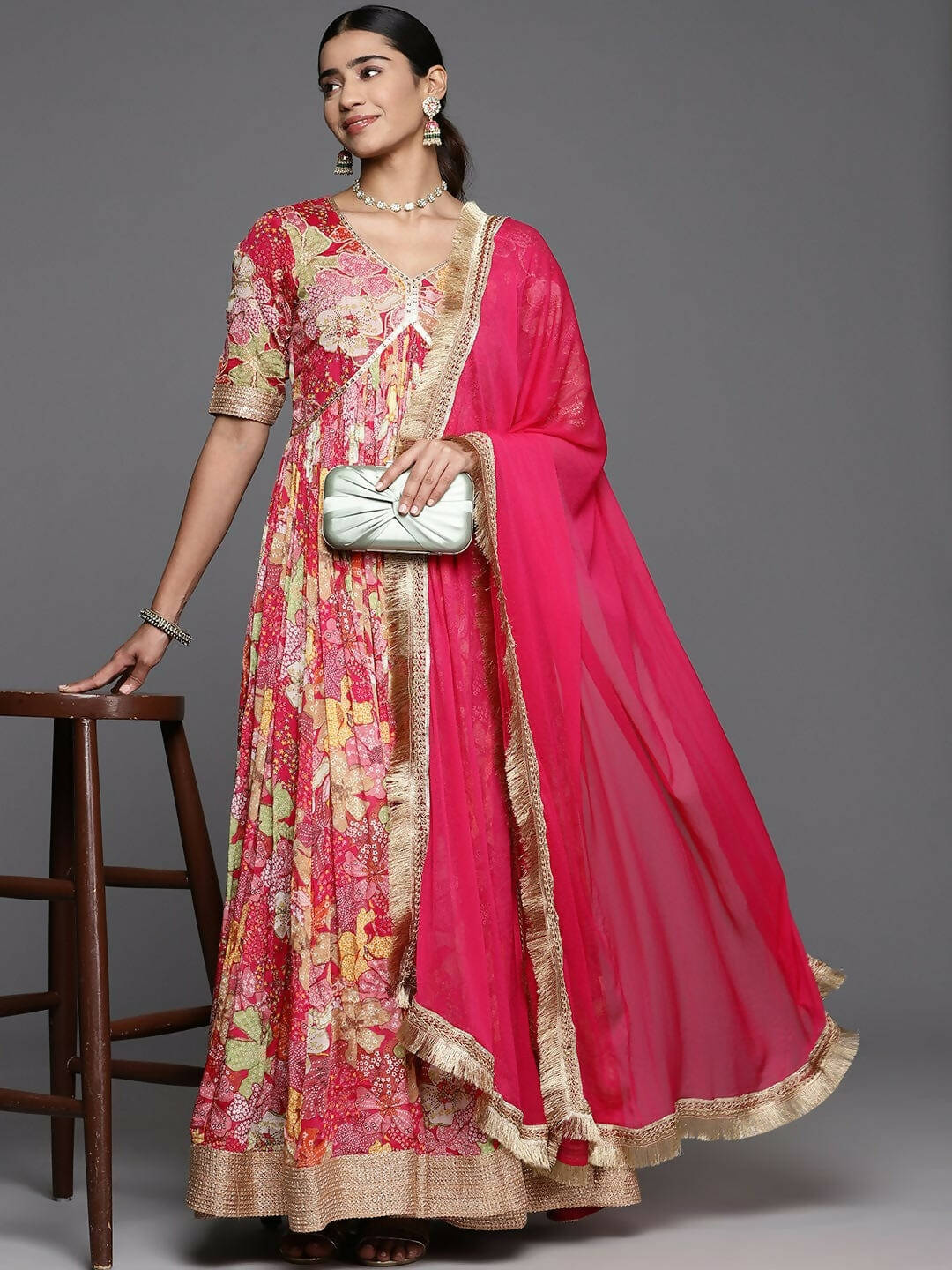 Varanga Women Pink Floral Yoke Embroidered Anarkali Kurta With Dupatta - Distacart