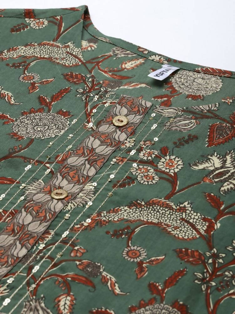 Yufta Women Green and Beige Floral Print Pure Cotton Kurta with Palazzo and Dupatta
