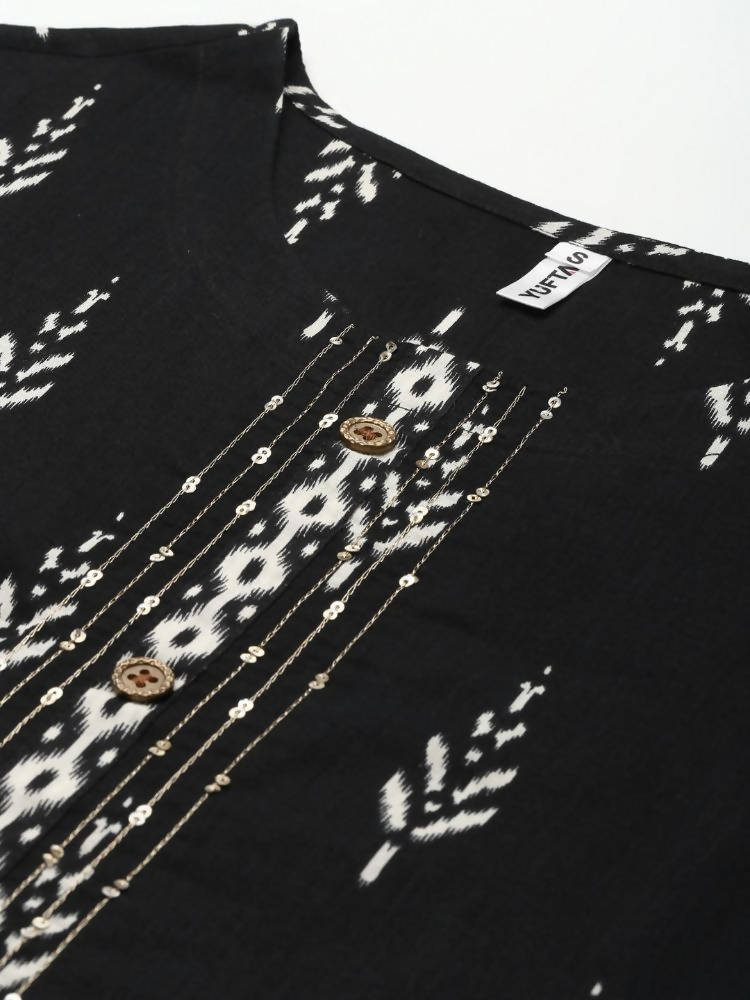 Yufta Women Black Ikat Printed Pure Cotton Kurta with Palazzo and Dupatta