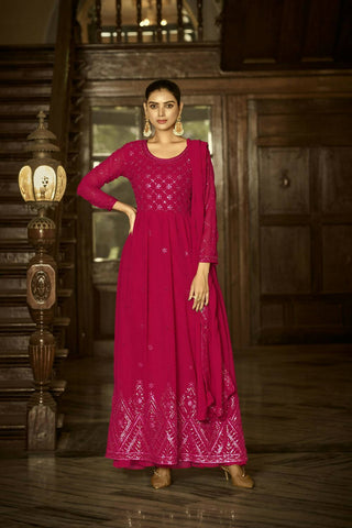 Pink Heavy Faux Georgette Anarkali Embroidered Kurta Set - Dhvani - Distacart