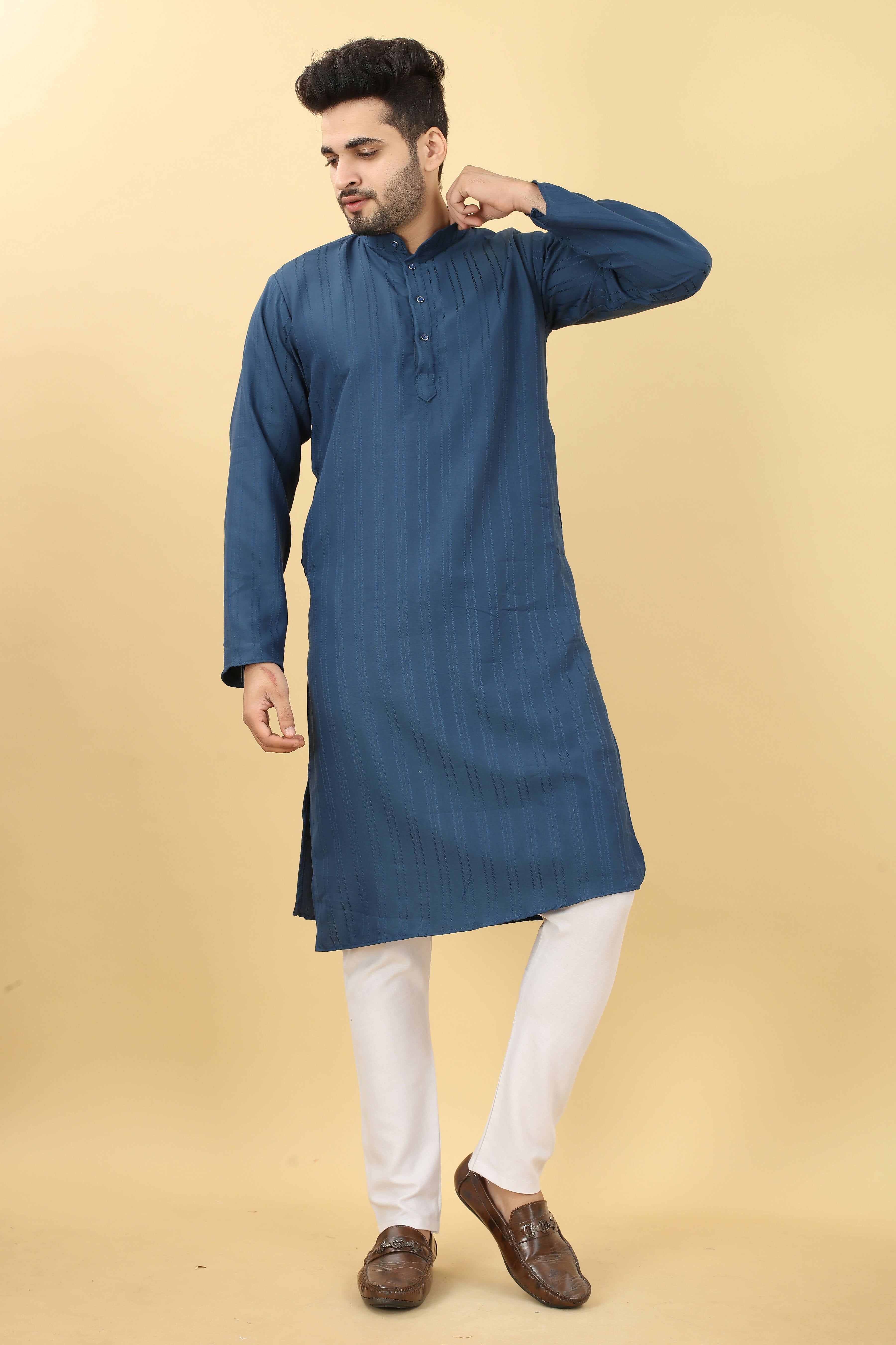 Blue Viscose Polyester Solid Men's Kurta - Mahotsav - Distacart