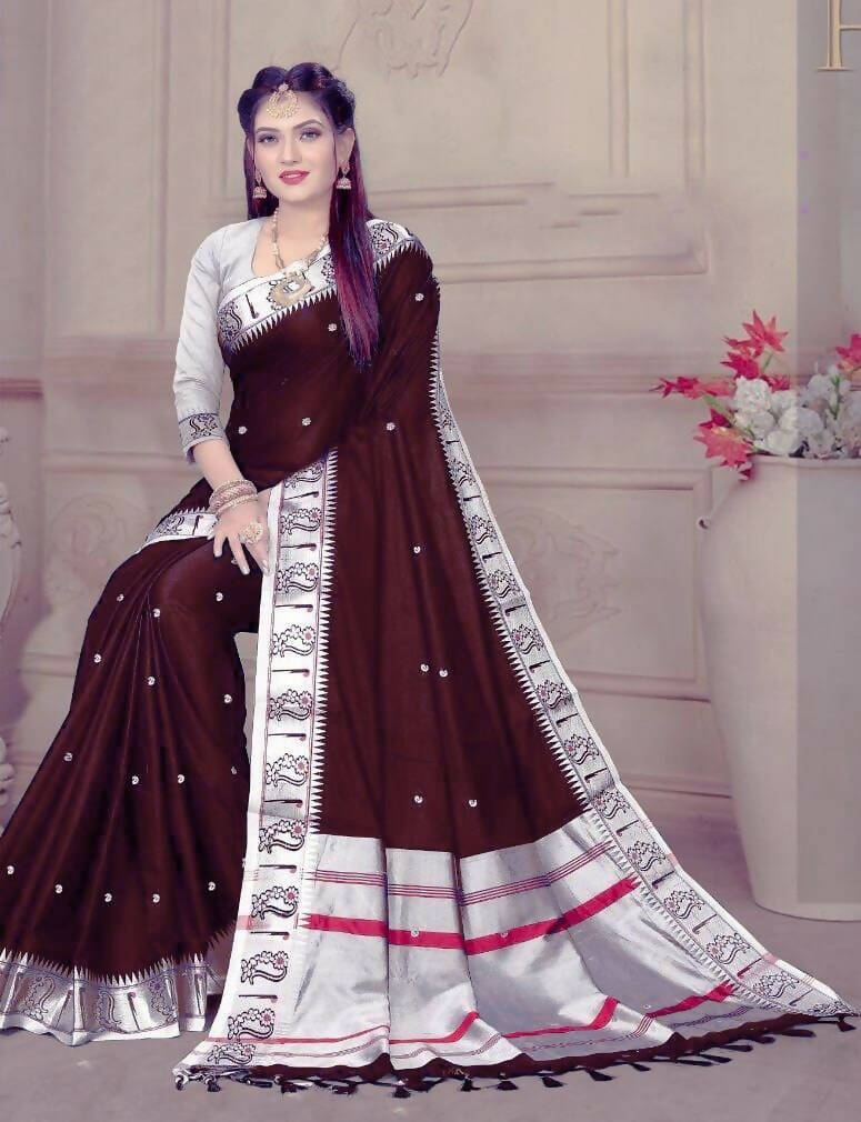 DEIANA'S Beautiful Golden Jari with New Design Soft Lichi Silk Saree - Wine - Distacart
