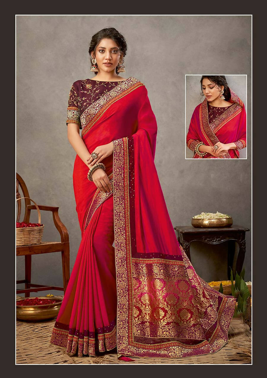 Pinkish-Purple Dual Tone Silk Georgette Thread, Zari And Cord Embroidery, Handwork Butta Saree - Norita Arinya - Distacart