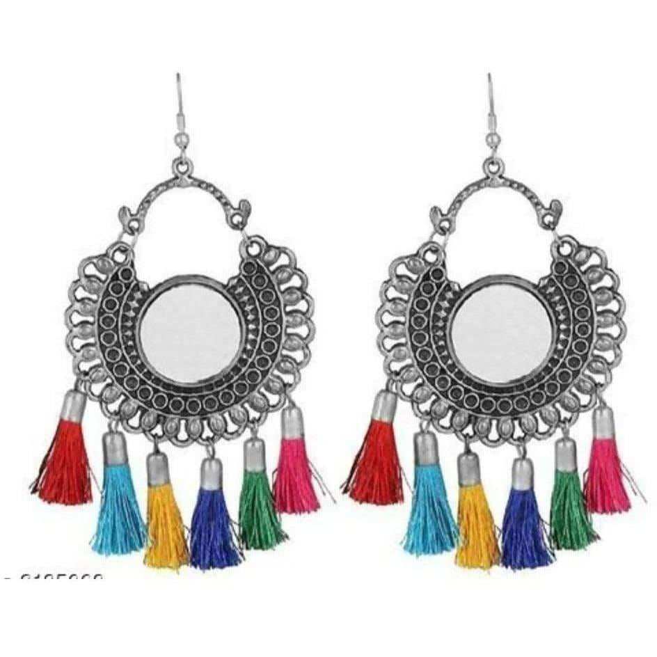 Bohemian Style Silver Oxidized Earrings With Multi Color Tassels