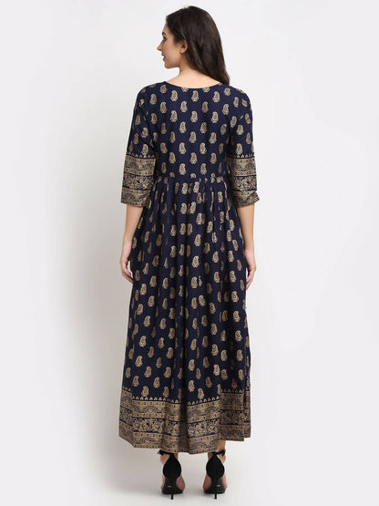 Rudra Bazaar Gold Printed A-Line Blue Kurti - Distacart