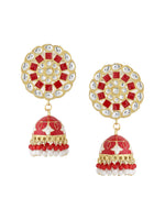 Thumbnail for NVR Women Gold Plated Red Dome Shaped Meenkari Jhumkas Earrings - Distacart