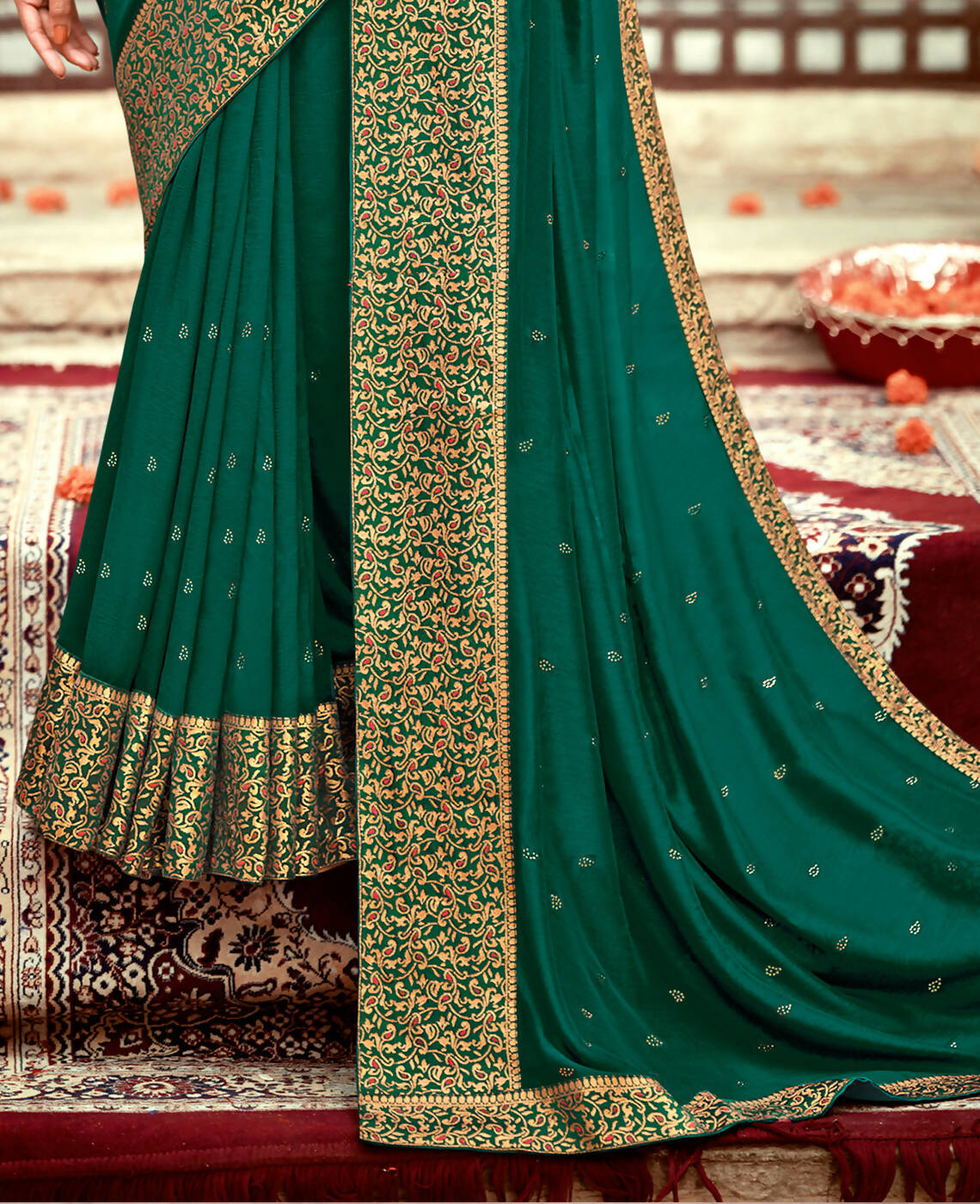 Bottle Green Vichitra Stone Work Saree With Unstitched Blouse Piece - Rosy - Distacart