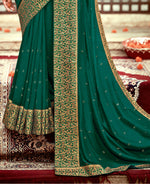 Thumbnail for Bottle Green Vichitra Stone Work Saree With Unstitched Blouse Piece - Rosy - Distacart