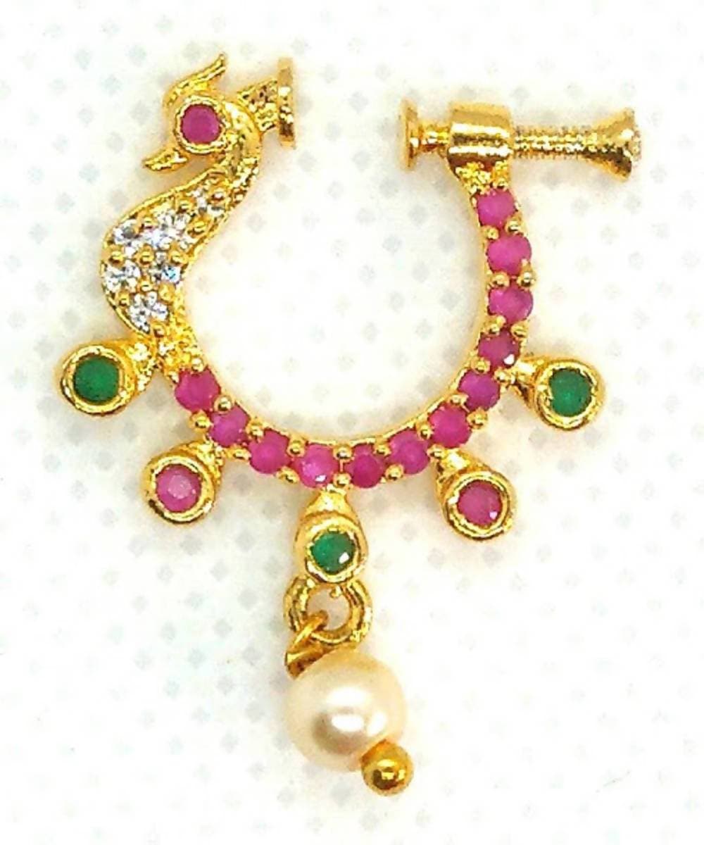 Pink & White AD Peacock Bridal Nose Ring