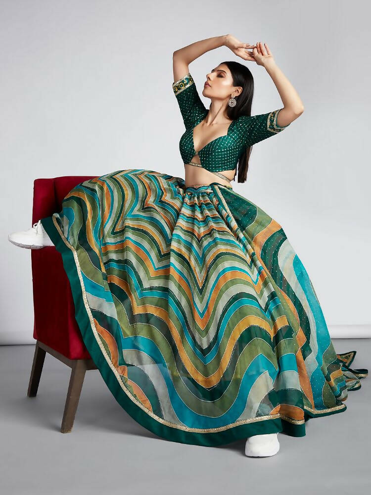 House of Panchhi Green Organza Siroski Stone Work Leheriya Print Lehenga Choli & Dupatta - Distacart