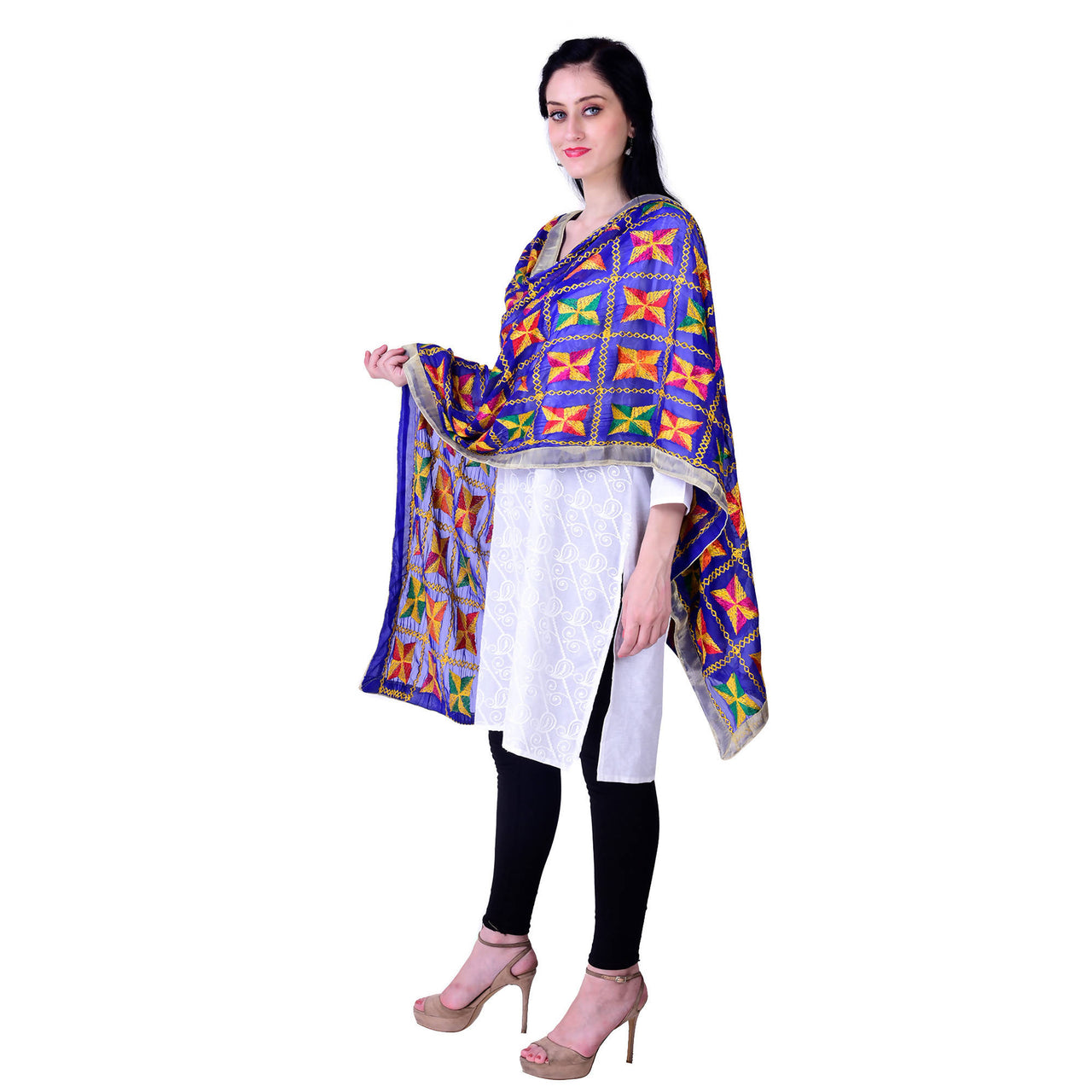 SWI Stylish Women's Embroidered Phulkari Chiffon Royal Blue Dupatta