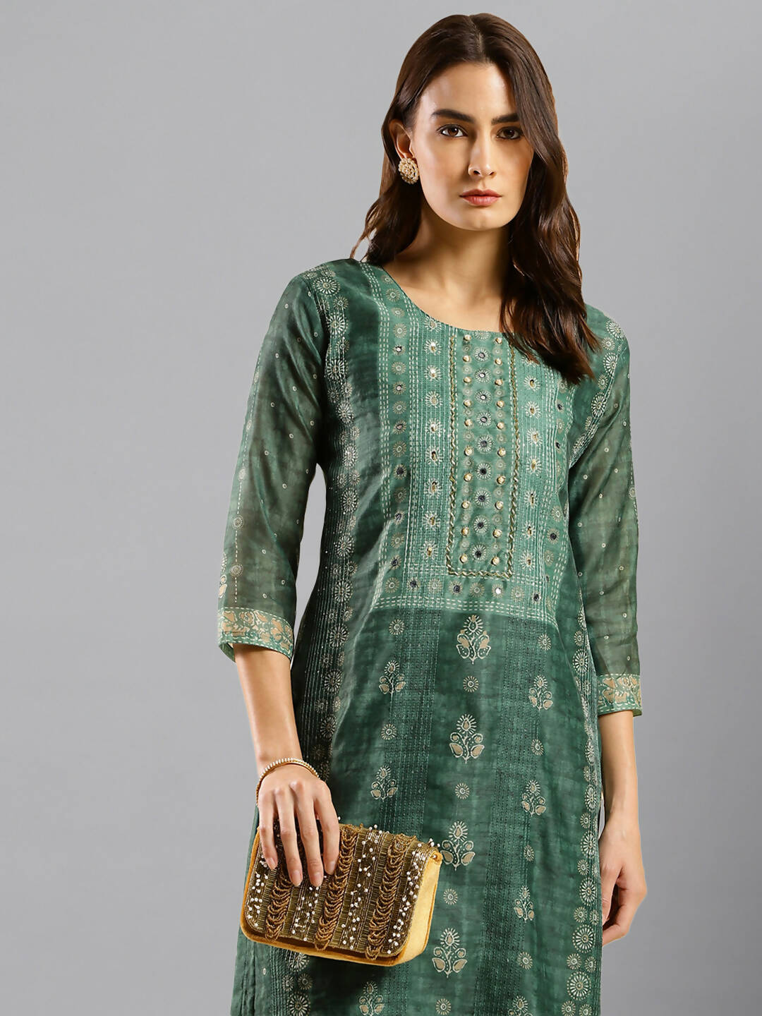 Sea Green Chinon Digital Printed With Hand Work Kurta - Himanshi - Distacart