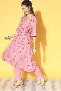 Thumbnail for Women's Pink Cotton Floral Printed Kaftan Set - Rasiya - Distacart