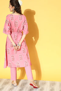 Thumbnail for Women's Pink Cotton Floral Printed Kaftan Set - Rasiya - Distacart