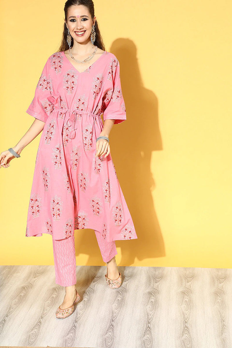 Women's Pink Cotton Floral Printed Kaftan Set - Rasiya - Distacart