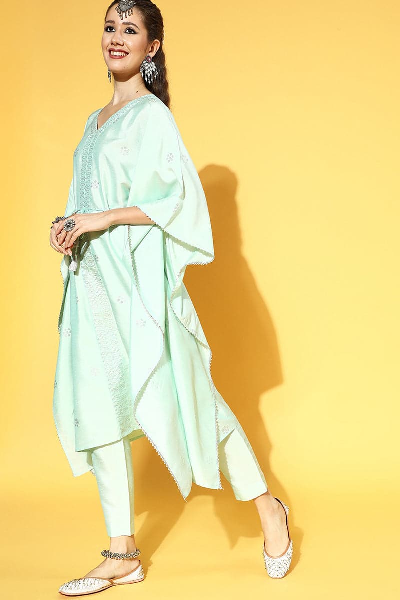 Women's Sea Green Polyester Woven Design Kaftan Set - Rasiya - Distacart