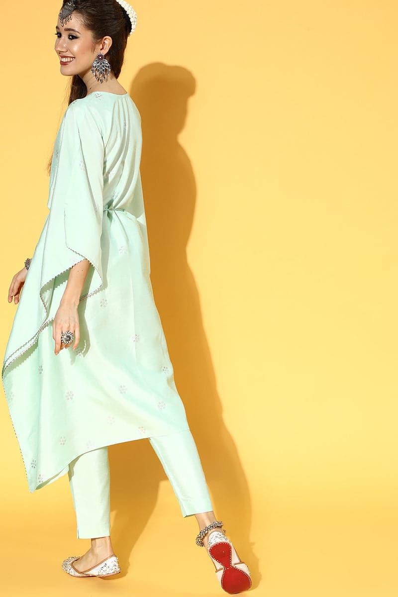 Women's Sea Green Polyester Woven Design Kaftan Set - Rasiya - Distacart