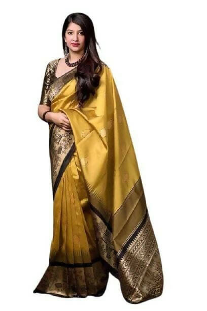 DEIANA'S Beautiful Golden Jari with New Design Soft Lichi Silk Saree - Yellow - Distacart