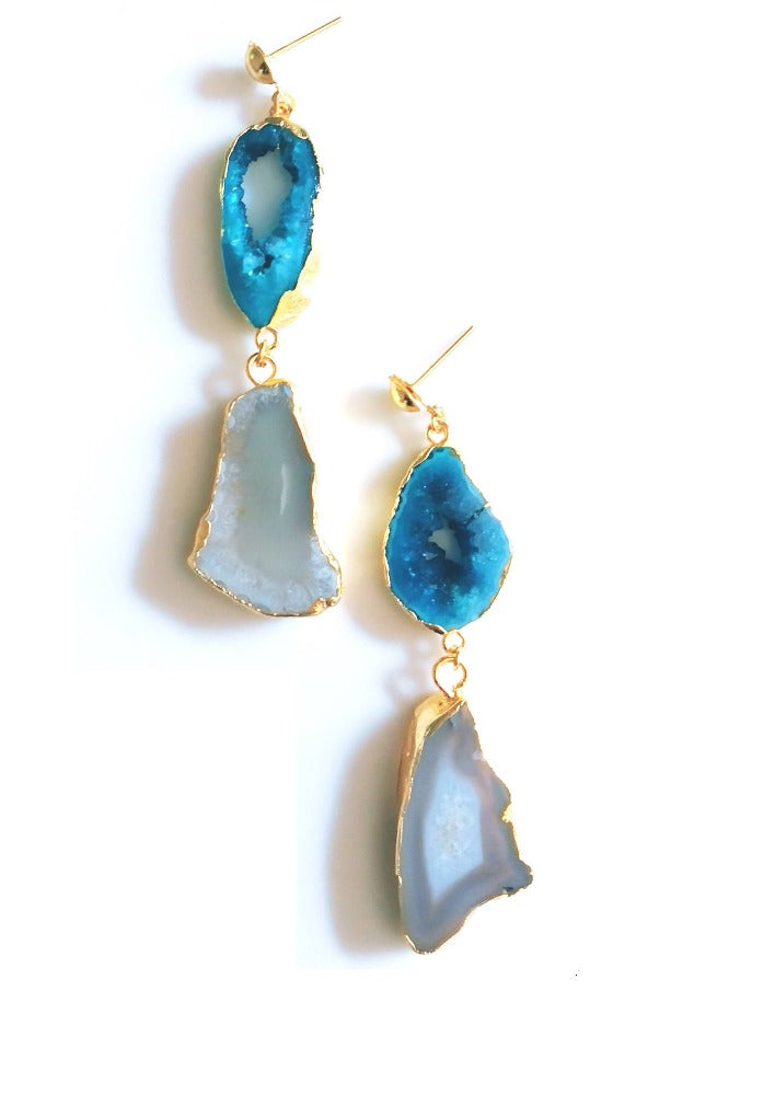Bling Accessories Aqua / Ivory Agate Natural Stone Statement Earrings